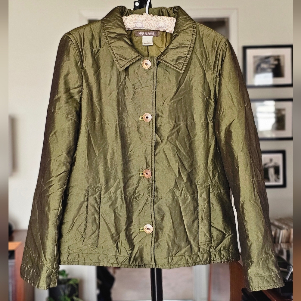 Sigrid Olsen Olive Green Silk Jacket Contemporary Size M